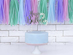 Topper na tort Happy Birthday srebrny 22,5cm,1szt.