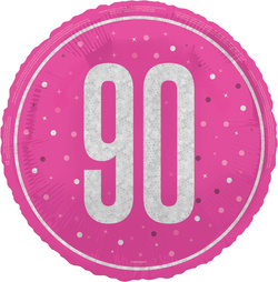 Balon Foliowy Różowy Błyszczący 90 URODZINY 45cm
