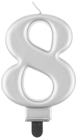 Świeczka cyferka 8, metalik srebrna, 8 cm, 1 szt.