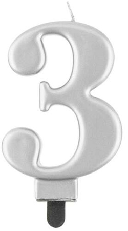 Świeczka cyferka 3, metalik srebrna, 8 cm, 1 szt.