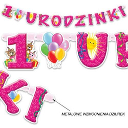Banner Girlanda "1 URODZINKI" różowa, 1 szt.