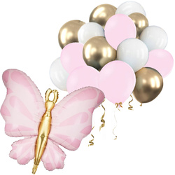 Zestaw Balonów Różowe Białe Złote + MOTYL