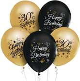 Balony 30 URODZINY Happy Birthday Czarne Złote x5