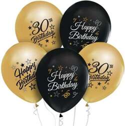 Balony 30 URODZINY Happy Birthday Czarne Złote x5