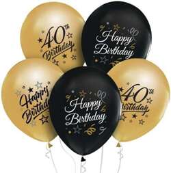 Balony 40 URODZINY Happy Birthday Czarne Złote x5