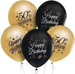 Balony 50 URODZINY Happy Birthday Czarne Złote x5