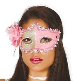 Maska różowa zdobiona z rożą, 1 szt.